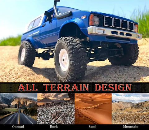All Terrain 1/16 Scale RC Rock Crawler 4x4 Ready To Run Pickup Truck on sand with proportional control, blue color, rugged tires