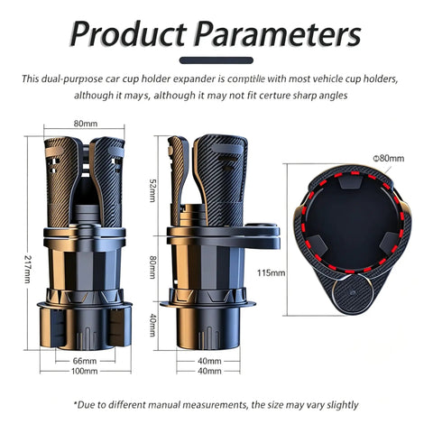 Premium Adjustable 2 In 1 Cup Holder Expander For Tesla Cybertruck Console Drink Stand dimensions with base size and height measurements.