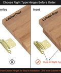 Comparison of overlay and inset Brass 3/8 Inch Inset Cabinet Hinges Set Of 20 Pairs, 40 Hinges, Brushed Gold Finish, Self-Closing.