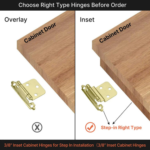 Comparison of overlay and inset Brass 3/8 Inch Inset Cabinet Hinges Set Of 20 Pairs, 40 Hinges, Brushed Gold Finish, Self-Closing.