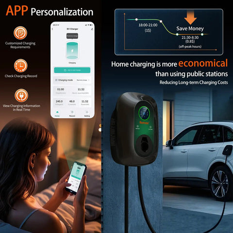 Woman using app to monitor Level 2 EV Charger Hardwired 48 Amp J1772 Charger 240V Home Charging Station With App WiFi Smart Display