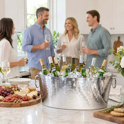Armored XL Insulated Beverage Tub For Parties, double wall stainless steel ice bucket with wine bottles on a kitchen counter.