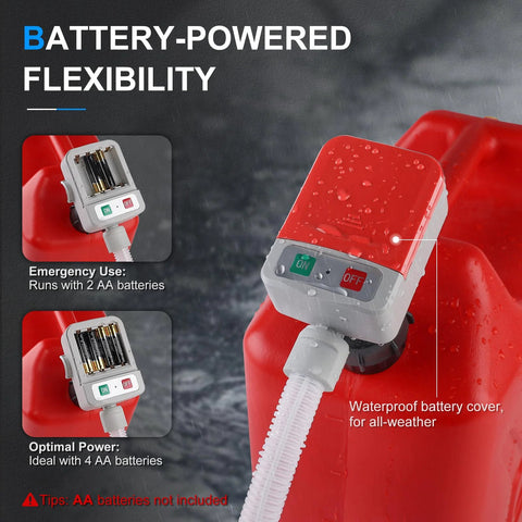 Battery Powered Fuel Transfer Pump With Auto Stop Sensor 3.2 GPM 51 Inch Hose Four Tank Adapters Portable Gas Can Pump For Gasoline And Diesel Red No Fuss Effortless No Spill Pouring with waterproof battery cover on red fuel can.