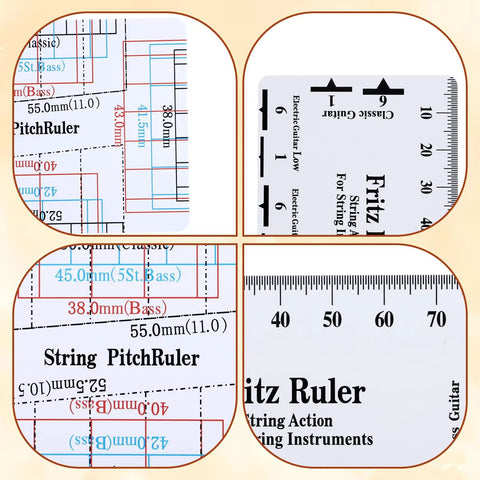 Close-up of string action gauge ruler from Guitar Nut File Set 11 Pcs Luthier Tools Kit With Nine Radius Gauges