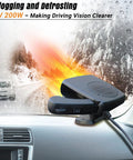 200W 12V Car Heater And Cooler Plugs Right Into Your Cigarette Lighter For Snappy Windshield Defrost And Anti Fog Visibility with a frontal view on an icy windshield.