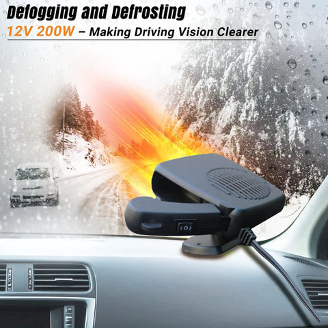 200W 12V Car Heater And Cooler Plugs Right Into Your Cigarette Lighter For Snappy Windshield Defrost And Anti Fog Visibility with a frontal view on an icy windshield.