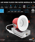 4 inch LED wide flood fire rated module and trim with adjustable color temperature for wet locations.