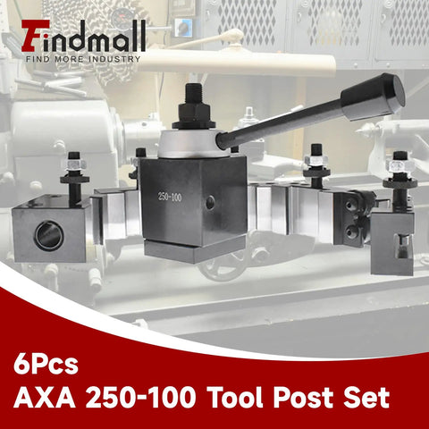 Six Piece AXA 250 100 Tool Post Set for CNC High Accuracy Piston Type Quick Change with Swing Diameter 12 Inches Pro Grade on lathe