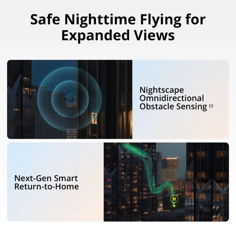 Air 3S Fly More Combo With Dual Screen Remote Controller 1 Inch CMOS Wide Angle And Medium Tele Cameras 4K 60FPS HDR Video Omnidirectional Sensing Three Batteries For Extended Flight showing nighttime obstacle sensing and return-to-home features