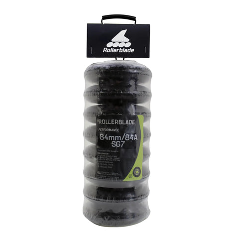 Eight 84mm Inline Skate Wheels SG7 Bearings XT Replacement Set for Unisex Skates packaged in a clear case with handle