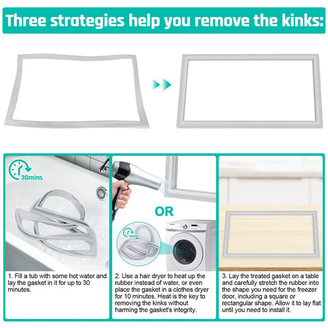 Three strategies for removing kinks in Premium Top Freezer Door Gasket Seal 17.91 X 28.74 Inches with heating methods.