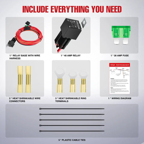 Badass Electric Fuel Pump Relay Wiring Harness Kit 40 Amp Relay 30 Amp Fuse For 12 Volt Systems with connectors and wiring diagram.