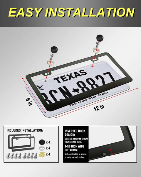 Matte Black License Plate Frames Made From Aluminum Heavy Duty Car Tag Covers, 2 Pack With Slim 2 Hole Design, Easy Installation Guide