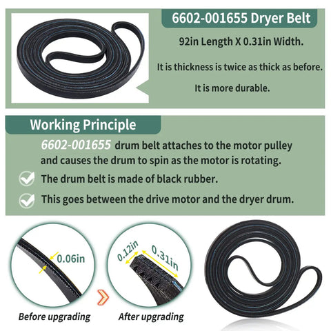 6602-001655 Dryer Belt, 92in length, 0.31in width, black rubber, part of Premium Dryer Repair Kit With Roller Replacement, Idler Pulley, And 92 Inch Belt For Most Household Dryers, Includes DC97-16782A Roller, DC93-00634A Pulley, 6602-001655 Belt, Built For Quiet, Stable Operation, Quick Easy Install, Long-Lasting Build.
