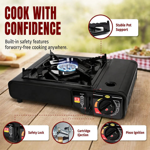 Dual Fuel Camping Stove Run On Butane Or Propane, Portable Outdoor Cooking Gear With Included Propane Adapter Hose And Carrying Case