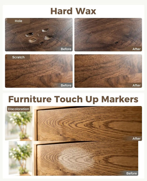 No Sweat Touch Up Kit For Scratches Cracks Dents Stains On Laminate Vinyl Hardwood Floors Or Wooden Furniture shows before and after repair of holes and scratches.