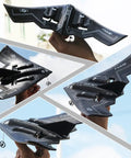 Hands holding B-2 Spirit Stealth Bomber RC Airplane Ready To Fly 2.4GHz 2CH Foam Drone showing angles and details in black foam