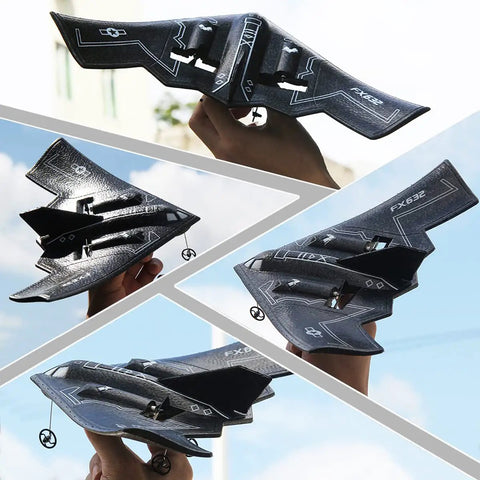 Hands holding B-2 Spirit Stealth Bomber RC Airplane Ready To Fly 2.4GHz 2CH Foam Drone showing angles and details in black foam