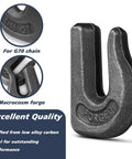 8 Pack 5/16 Inch G70 Weld On Grab Chain Hooks For Chains And Tractor Buckets, Heavy Duty Weld-On Hooks Set, 4700 Lb Working Load Limit, Forged Steel Construction, 2.5 In Long By 1.95 In Wide, G70 hook close-up for tractor buckets