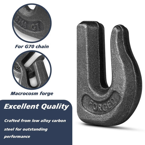 8 Pack 5/16 Inch G70 Weld On Grab Chain Hooks For Chains And Tractor Buckets, Heavy Duty Weld-On Hooks Set, 4700 Lb Working Load Limit, Forged Steel Construction, 2.5 In Long By 1.95 In Wide, G70 hook close-up for tractor buckets