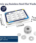 Stainless Steel Fender Washers Set 108 Pcs 12 Sizes From M3 To M12 304 Grade Wide Flat Washers Assortment Kit and case