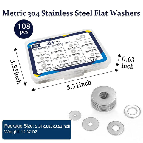Stainless Steel Fender Washers Set 108 Pcs 12 Sizes From M3 To M12 304 Grade Wide Flat Washers Assortment Kit and case