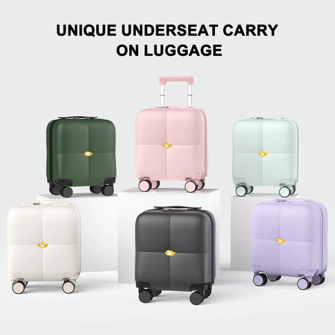 Various 14 Inch Underseat Carry On Luggage With Wheels in different colors including Dark Green, TSA Approved Hardshell Cabin Bag for Short Trips.