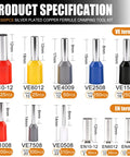 Diagram showing 11 sizes of insulated copper ferrules for Ferrule Crimping Tool Kit With 1500 Pcs Of 11 Sizes Wire End Ferrules, AWG 23 to 7 Ratchet Pliers for Electricians, Automotive and DIY Electrical Projects.