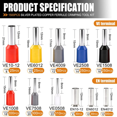 Diagram showing 11 sizes of insulated copper ferrules for Ferrule Crimping Tool Kit With 1500 Pcs Of 11 Sizes Wire End Ferrules, AWG 23 to 7 Ratchet Pliers for Electricians, Automotive and DIY Electrical Projects.