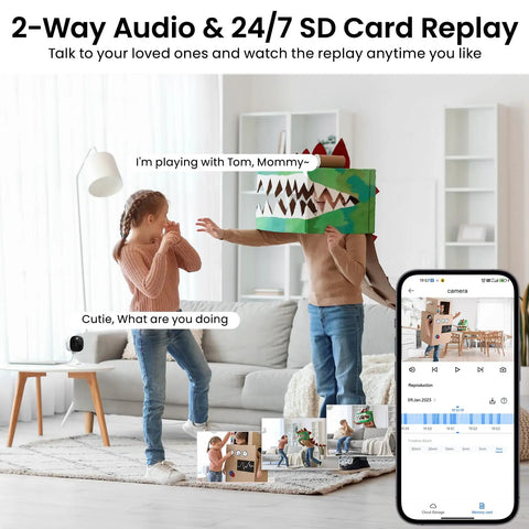 Children playing with cardboard dinosaur costume in living room, showcasing 2K Indoor Outdoor Security Cameras Bundle for Home Surveillance.