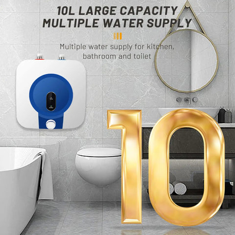 Compact Energy Efficient 1500W 10L Electric Water Heater 110V for Kitchens, Bathrooms and RVs installed in a modern bathroom.