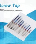 10Pc Tungsten Steel Screw Tap Set Straight Flute Machine Taps M1-M3.5 Thread Repair Kit shown in a clear casing, designed for threading soft materials.