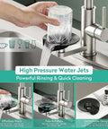 HEROBAI Waterfall Kitchen Faucets with Glass Rinser &Sprayer Brushed Nickel showing high-pressure water jets rinsing a glass.
