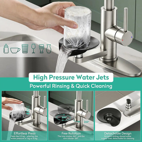 HEROBAI Waterfall Kitchen Faucets with Glass Rinser &Sprayer Brushed Nickel showing high-pressure water jets rinsing a glass.