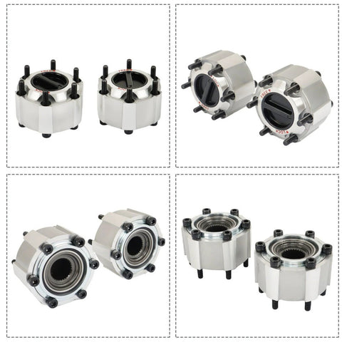One Pair 28 Spline Manual Locking Hubs Replacement For Nissan Frontier, Pathfinder, Xterra, Titan, And D21 1990-2004 Front Axle Lock Hubs For 4x4 Trucks Easy Install Heavy Duty Mill Grade Steel shown in multiple angles.