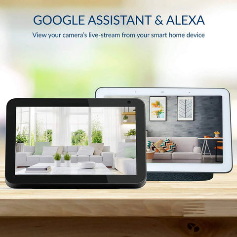 Two smart displays showing live footage from 1080P Indoor Security Cam 4 Pack With AI Detection And Activity Zones Home Surveillance System.