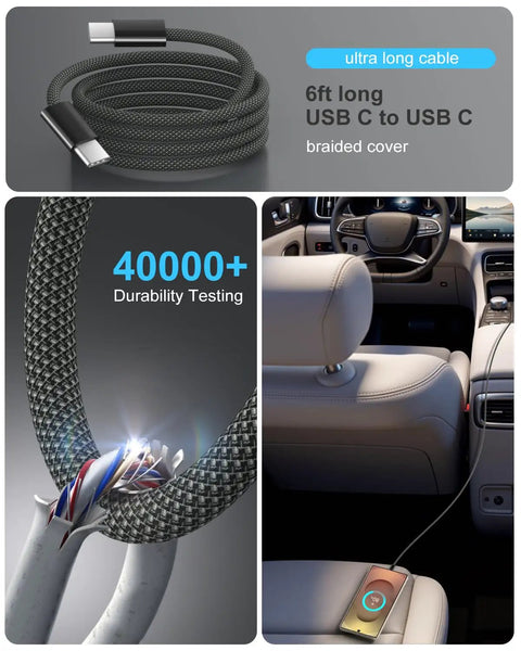 Super Fast 4 Port Car Charger Pumping Out 90W Power To Keep Phones And Gadgets Fully Fed While You Rollin Around Complete With Heavy Duty Braided Cord For Worry Free Commutes And Long Road Trips Guaranteed To Crush The Grind, shown with 6ft USB C cable.