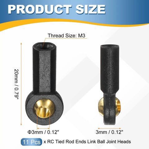 11 Pack M3x20mm RC Plastic Rod End Balls Black for Link Ball Joint Connectors, Durable Tied Rod End Hardware for RC Cars, Trucks, Drones, Planes, and Other Hobby Projects. M3 thread, 20mm size shown