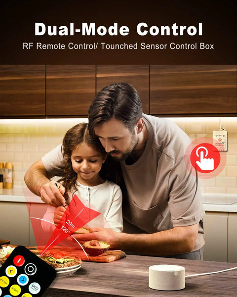 Father and daughter cooking under cabinet lighting kit with 15 ft extendable LED strips, app control and remote, kitchen use.