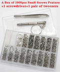 Rock Solid Stainless Steel Watch Screws And Nut Assortment With Precision Screwdriver Set For Micro Glasses Repair and Watchmaking Quick Fixes Hella Versatile Top Shelf Horology Replacement Parts In Bulk Box Packaging with 1000 screws, screwdriver, and tweezers.