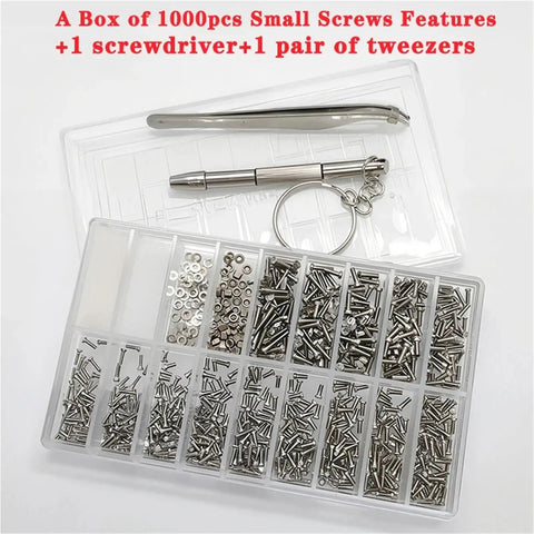 Rock Solid Stainless Steel Watch Screws And Nut Assortment With Precision Screwdriver Set For Micro Glasses Repair and Watchmaking Quick Fixes Hella Versatile Top Shelf Horology Replacement Parts In Bulk Box Packaging with 1000 screws, screwdriver, and tweezers.