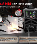 3 In 1 Flux MIG Arc And Lift TIG Welder 110V Inverter with large LCD showcasing welding on thin plate with sparks