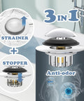 Universal Pop Up Bathtub Drain Stopper And Hair Catcher Features Smart Filter Basket That Snags All The Gunk Instantly Anti Clogging Tub Plug with strainer and stopper.