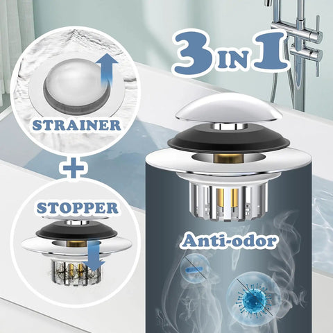 Universal Pop Up Bathtub Drain Stopper And Hair Catcher Features Smart Filter Basket That Snags All The Gunk Instantly Anti Clogging Tub Plug with strainer and stopper.