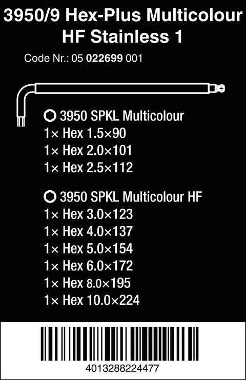 Diagram showing sizes of L Key Set 3950/9 Hex Plus Multicolor HF Stainless Steel, 9 Pieces, Metric, with barcode at the bottom.