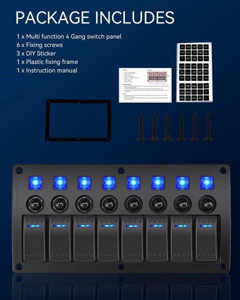 8 Gang Waterproof Rocker Switch Panel With Blue LED Lights Heavy Duty Prewired 12V 24V and package components.