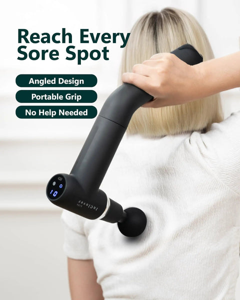 Deep Tissue Massage Gun With Detachable Extension Handle For Back And Shoulders Heated Percussion Massager being used solo