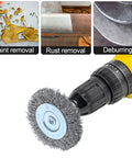 Ten Piece Three Inch Stainless Steel Wire Wheel Brush Kit For Drill With One Quarter Inch Hex Shank shown with drill for rust removal