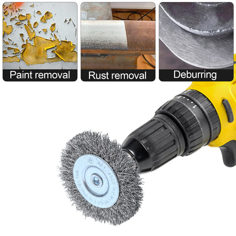 Ten Piece Three Inch Stainless Steel Wire Wheel Brush Kit For Drill With One Quarter Inch Hex Shank shown with drill for rust removal