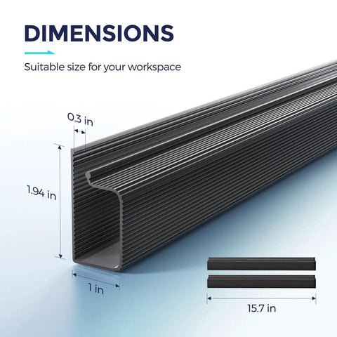 Dimensions of under desk cable management kit showing 15.7-inch length, 1-inch width, in black, suitable for home and office.